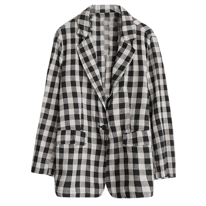 Real shot 2025 autumn literary and retro cotton and linen plaid jacket women's thin casual suit short top