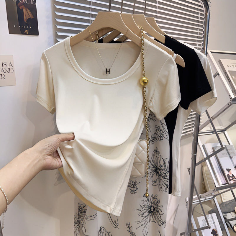 [A code packet of the released version] U-neck summer shoulder ice silk short-sleeved T-shirt women's slim versatile bottoming shirt top