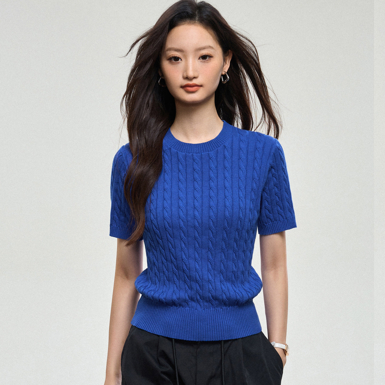 100% cotton knitted sweater women's summer new temperament high-end sense thin twist thin short-sleeved crew neck top thin