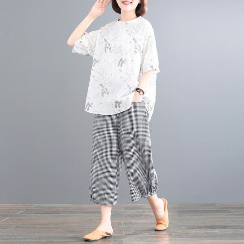 2025 summer new cotton and linen large size literary and retro loose embroidered top + plaid pants set #5541