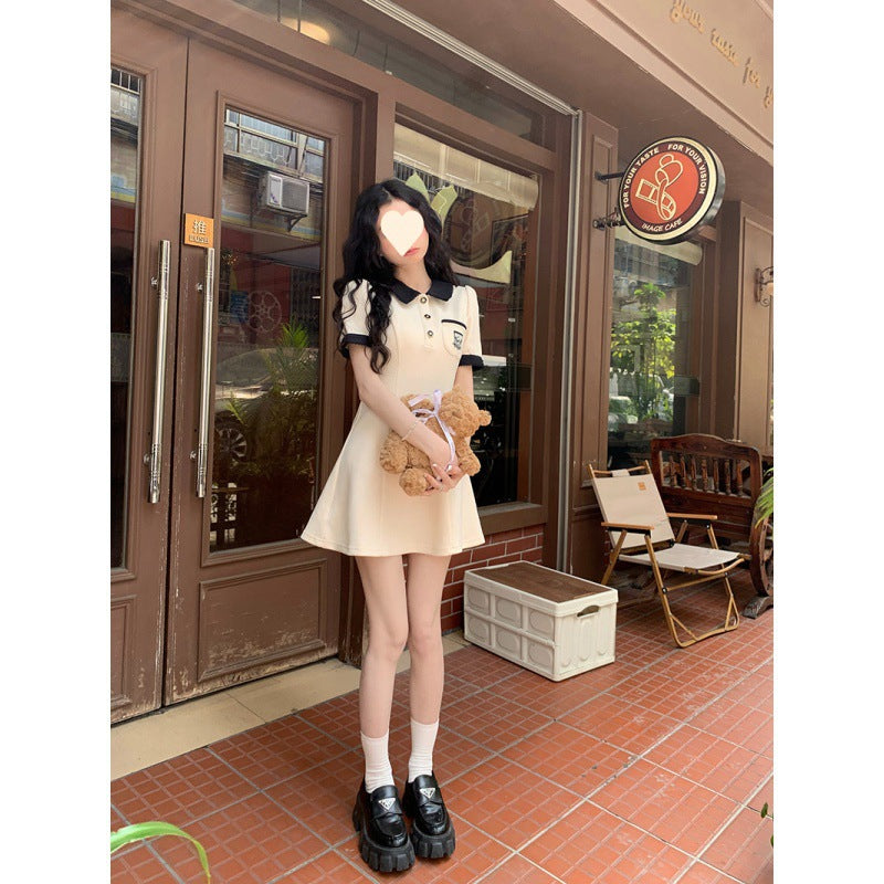 College style sweet polo dress summer women's small skirt waist slim slim black temperament skirt
