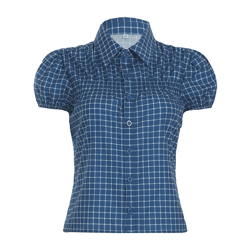 American girly temperament organ pleated solid color POLO neck short-sleeved shirt waist short breasted button-up top