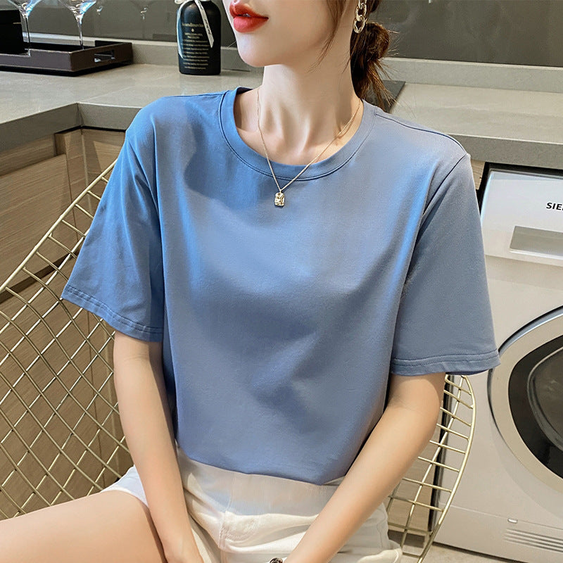 Half-sleeved pure cotton loose short-sleeved t-shirt women's light green age-reducing versatile round neck summer solid color top casual commuting