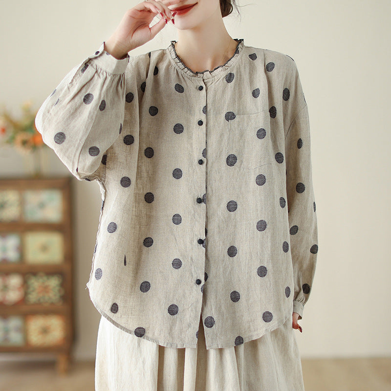 Real shot 2024 autumn new retro national style polka dot cotton and linen long-sleeved fungus collar shirt top women #9076