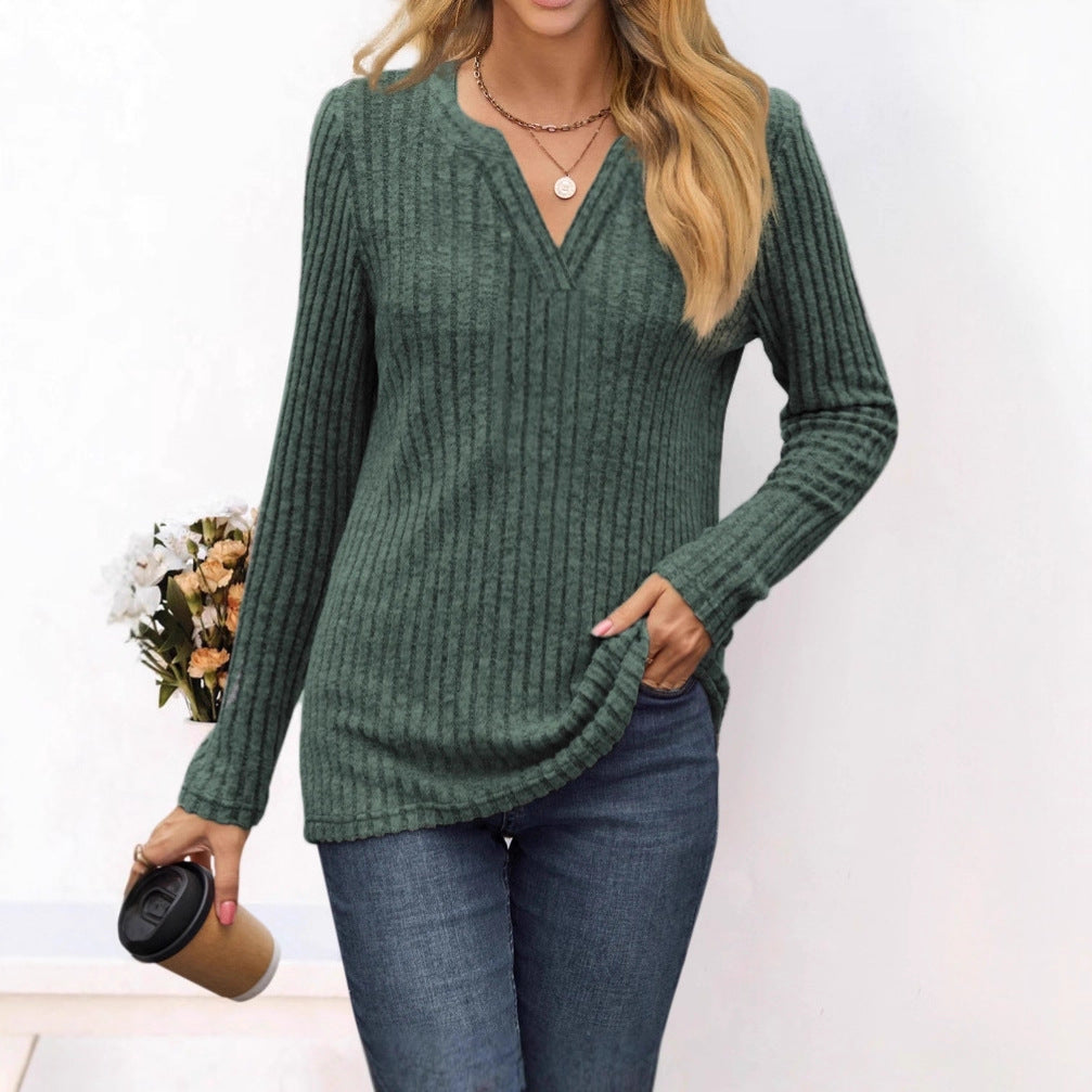 Amazon 2025 European and American cross-border foreign trade autumn and winter new solid color V-neck loose casual long-sleeved T-shirt top women