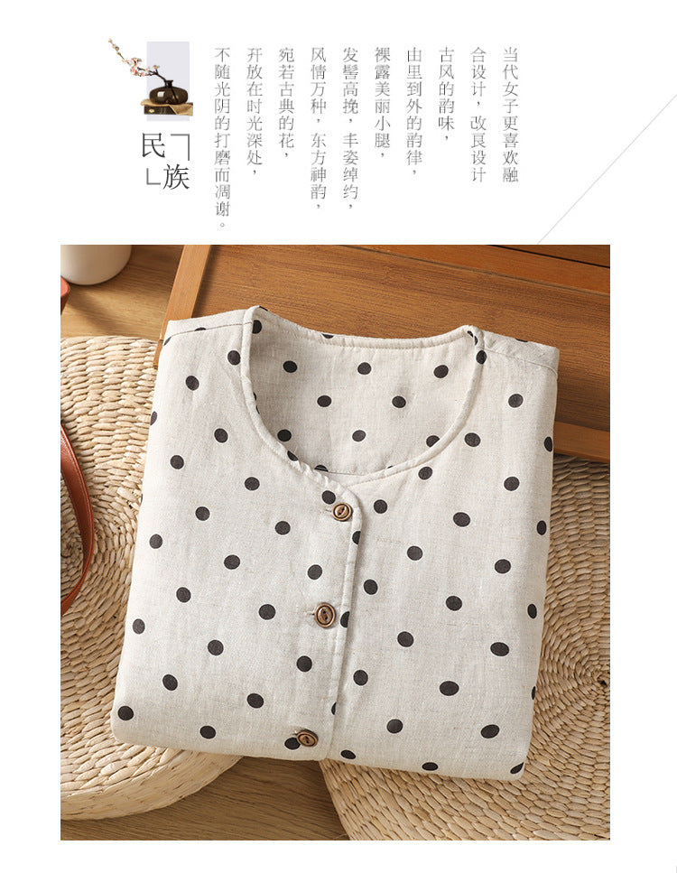 Real shot 2025 autumn and winter new polka dot cotton and linen cotton clothes vest warm literary and retro cotton padded vest short jacket