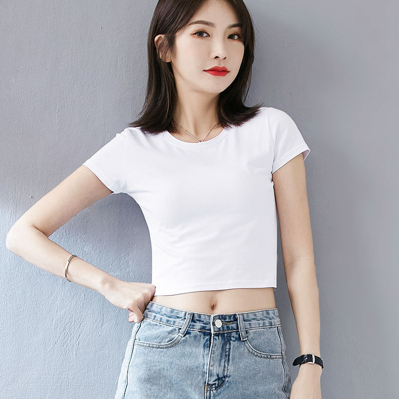 White short T-shirt women's short-sleeved summer slim-fit bottoming shirt, open-button crew neck versatile top, simple cross-border supply.