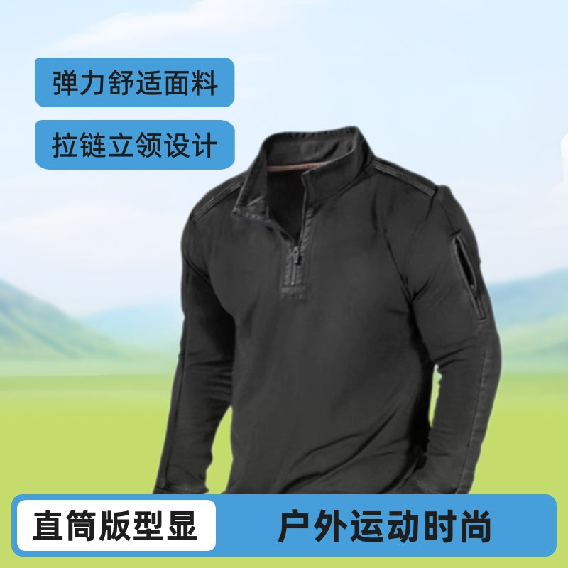 2025 Foreign Trade Men's Amazon Men's Outdoor Sports Fashion Zipper Stand-Up Neck Long Sleeve Elastic Pocket Sweater