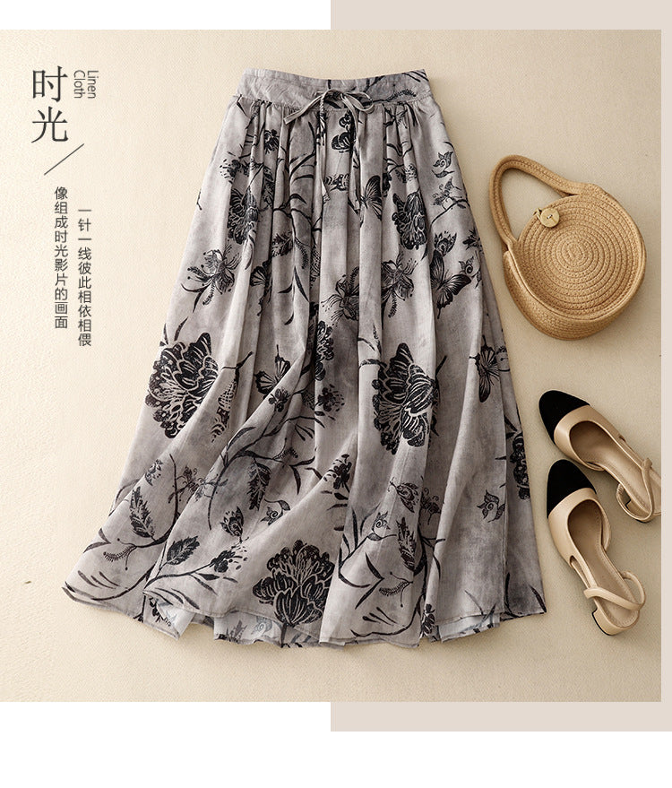 Real shot 2025 summer new literary and retro loose printing elastic waist skirt women's medium and long #6617