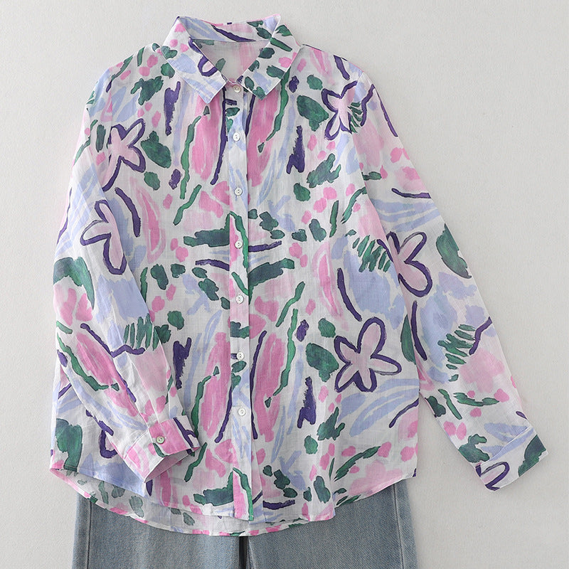 Real shot 2025 spring new color ink color printing light and breathable long-sleeved shirt top women #1079