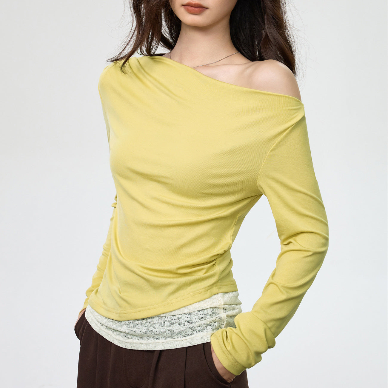 Tencel Lyocell, swinging collar slanted shoulder lace splicing asymmetrical off-the-shoulder long-sleeved T-shirt women's fake two new tops