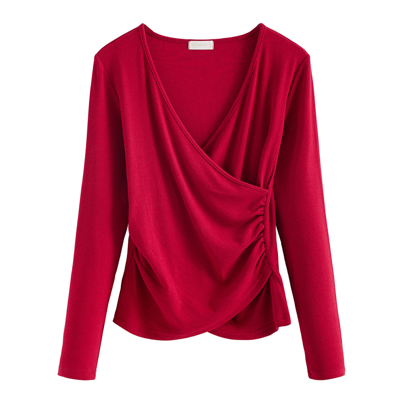 260G Youke silk, high-end design pleated waist, foreign style V-neck front shoulder long-sleeved T-shirt, women's autumn new top