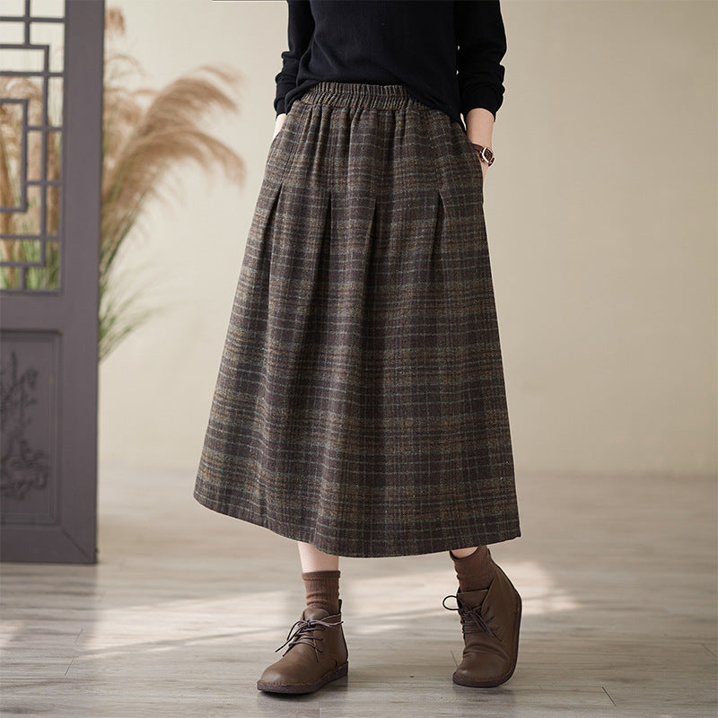 Real shot 2024 autumn new literary loose plaid elastic waist skirt women's medium and long A-shaped skirt #3731