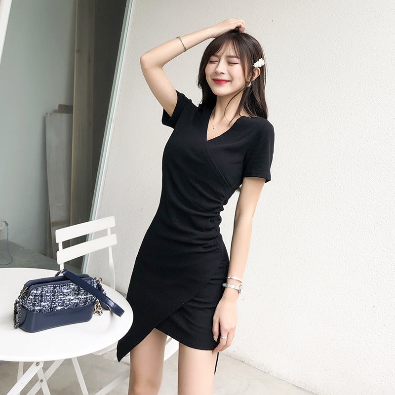 French irregular dress women's summer slim skirt 2026 new threaded cotton split-ended small black dress solid color top