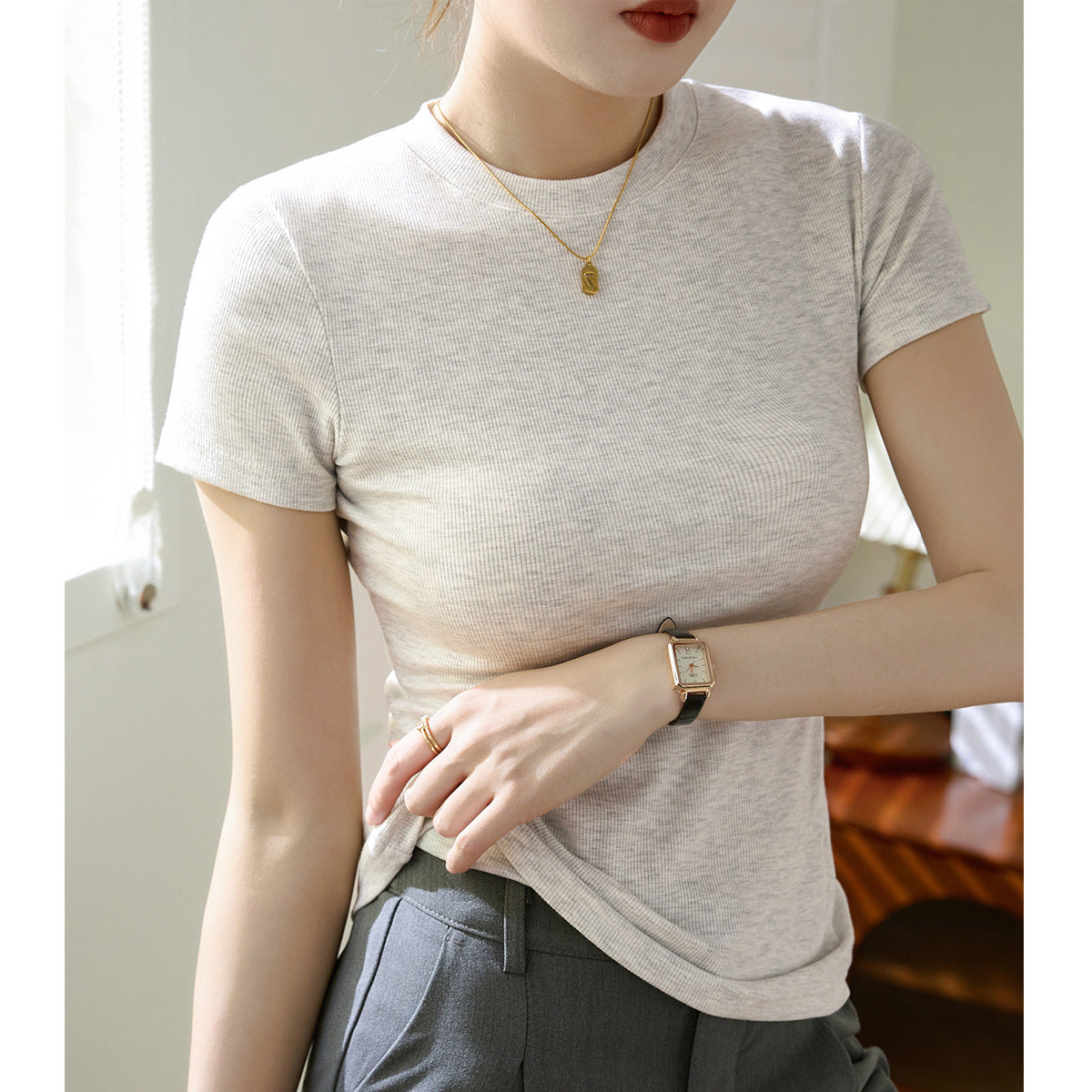 Selection of high-elastic fine thread 2026 new women's summer short-sleeved t-shirt round neck tight top, thin bottoming shirt