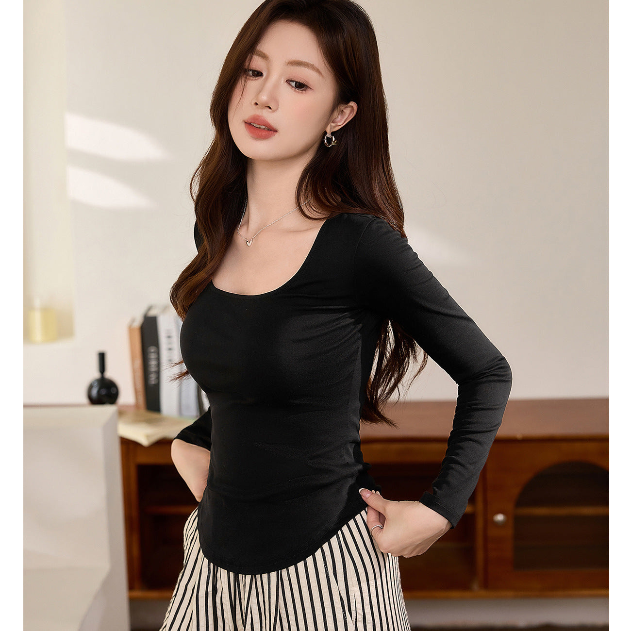 #Selection of pure cotton #square neck T-shirt women's long-sleeved 2026 autumn clothing new irregular curved slim-fitting and thin bottoming shirt