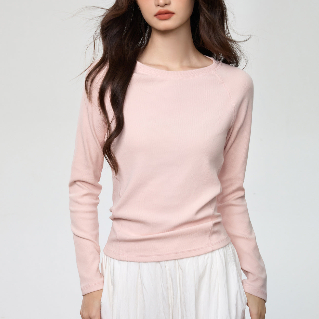 260G Youke silk, flower needle thread, seven pieces splicing heavy craftsmanship long-sleeved T-shirt women's simple solid color bottoming shirt top