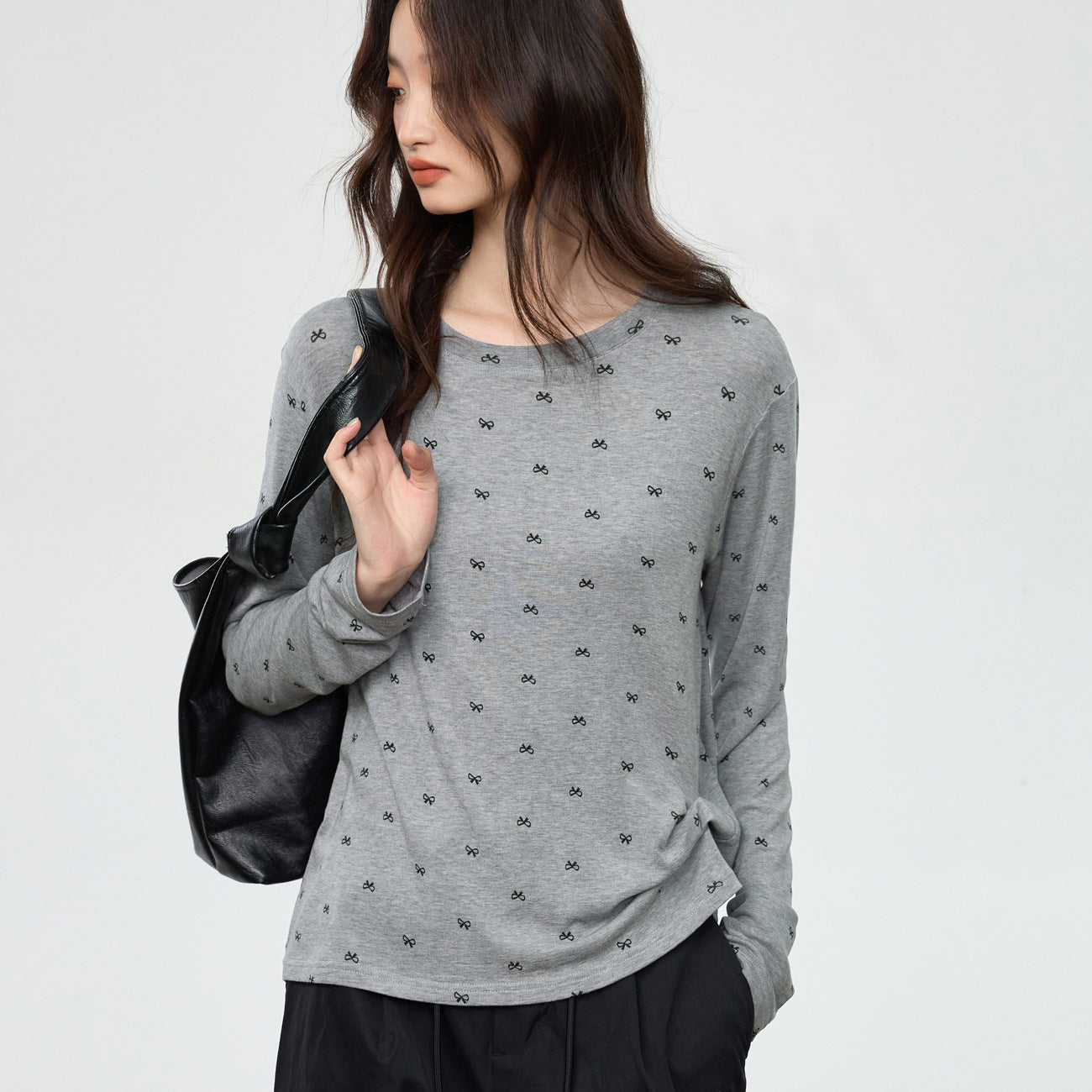 180G Tencel Lyocell cotton wool, fried soft waxy skin-friendly loose lazy printed T-shirt women's long-sleeved early autumn top