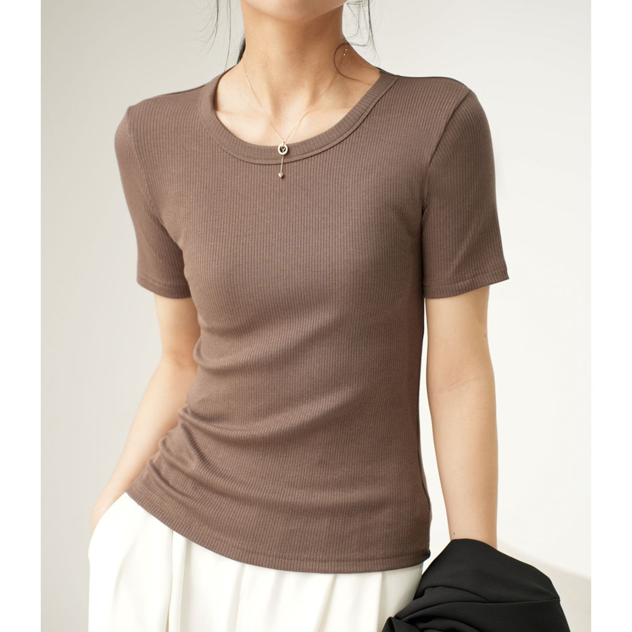 [Selection of Excellent Cotton] Medium Sleeve T-Shirt Women's 2026 Summer Clothing New Crew Neck Slim-fit Versatile Short Sleeve Top Bottom Shirt