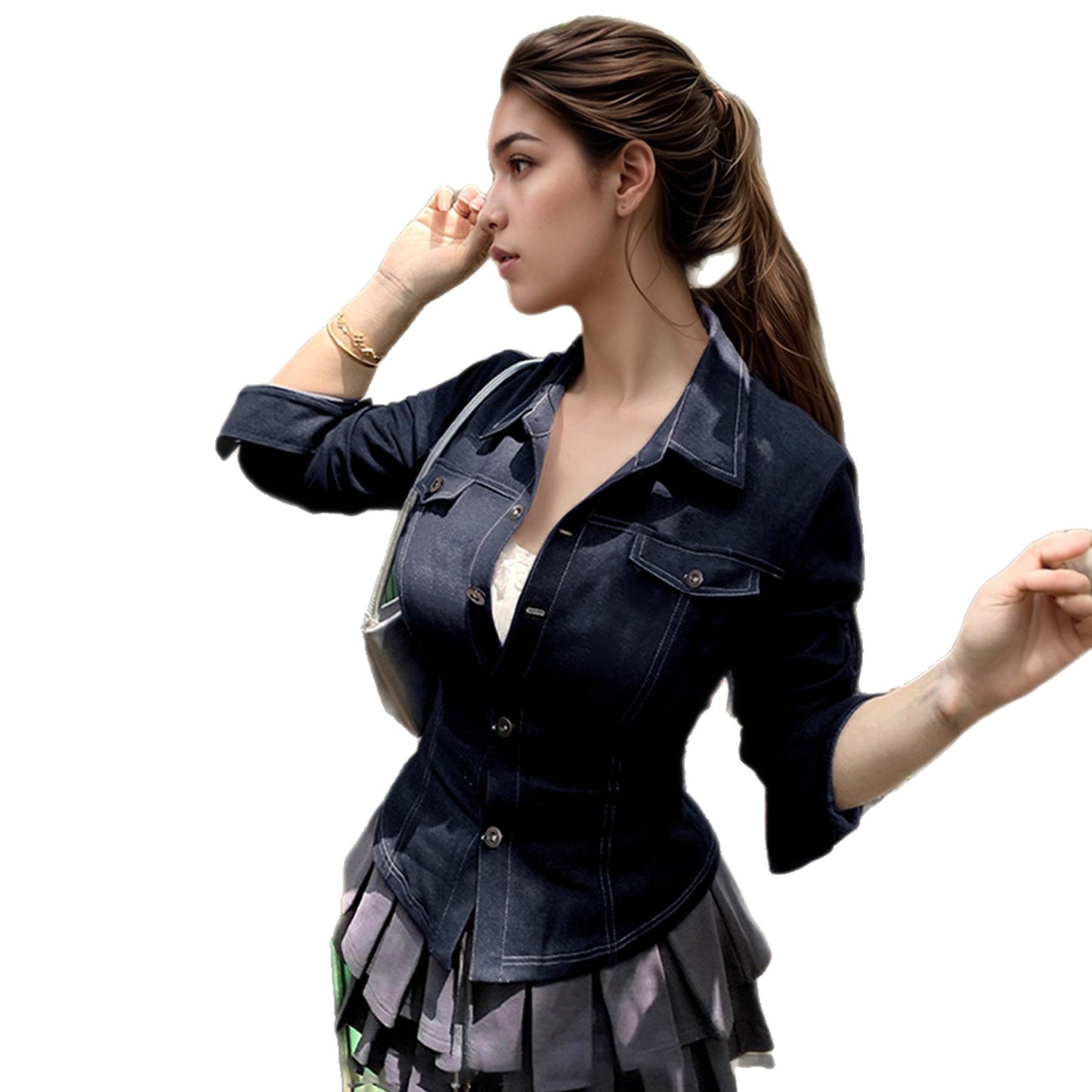 American street style personalized Spice Girl tooling imitation denim shirt V-lapel three-button cardigan casual top