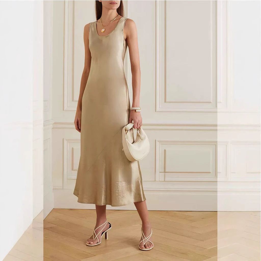 Oblique cut 100% acetic acid pleated silk A-word vest dress women's autumn small satin sleeveless vest long dress