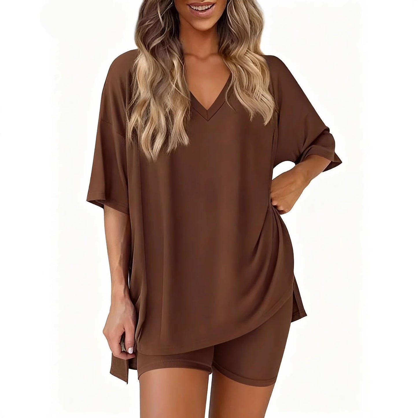 2026 spring and summer new cross-border European and American foreign trade fashion casual V-neck solid color loose short-sleeved suit
