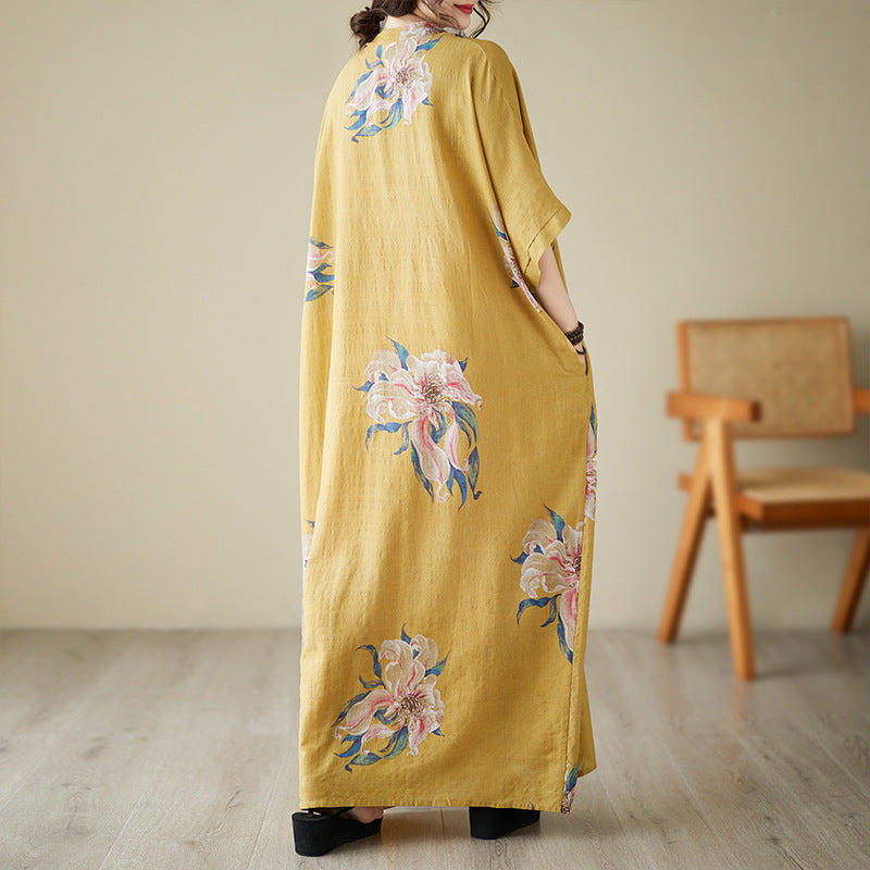 Real shot 2023 summer v-neck thin cotton and linen large size loose literary holiday wind beach skirt retro long robe