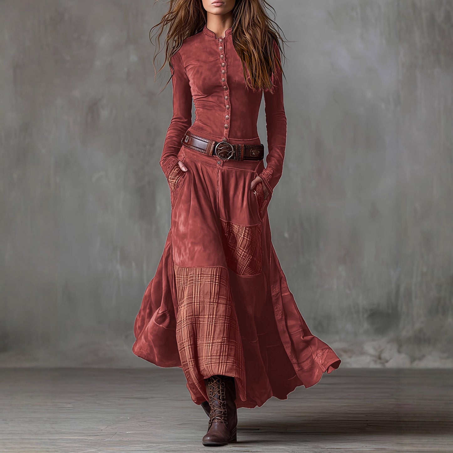 2025 Independent Station Foreign Trade Suede Plaid Collage Vintage Temperament Dress with Pocket Button Belt Belt