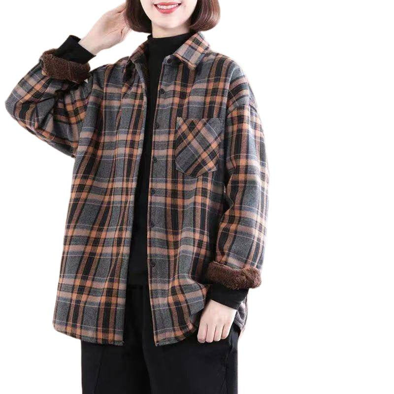 Foreign trade women's clothing 2025 autumn and winter new cotton and linen piled thickened plaid shirt jacket