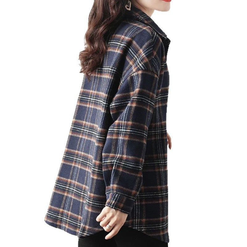 Fleece and thickened plaid women's 2025 autumn and winter new retro long-sleeved medium and long shirt jacket