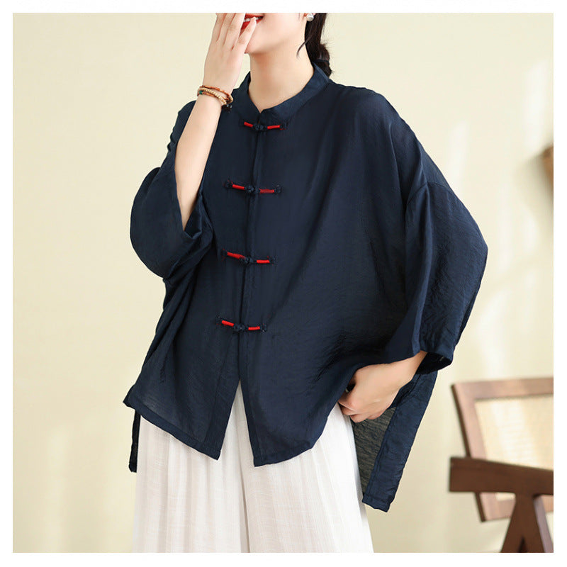 Real shot summer top women's 2025 new Chinese retro disc buckle tea clothes sunscreen air conditioner shirt set