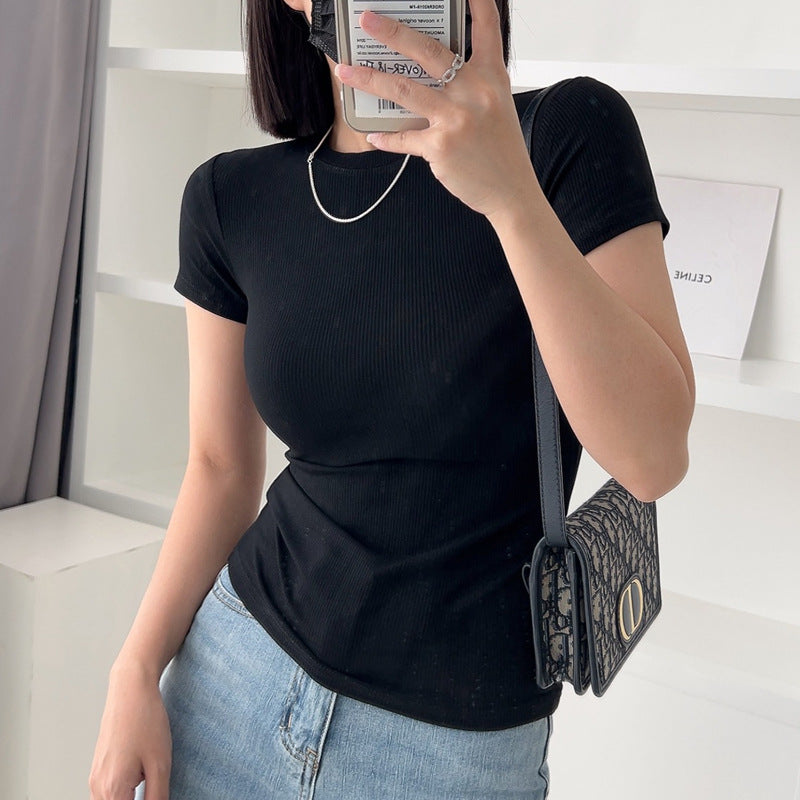 Selection of high-elastic fine thread 2026 new women's summer short-sleeved t-shirt round neck tight top, thin bottoming shirt