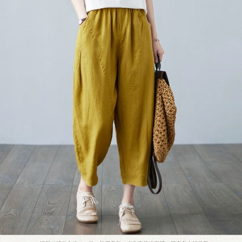 Real shot 2025 summer new loose splicing solid color cotton and linen elastic waist Harlan pants nine-point pants women's 1237 #