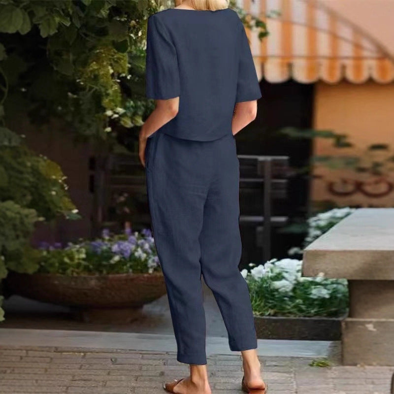 2025 cross-border women's clothing cotton and linen summer commuting matching set half-sleeved O-neck oversized blouse retro two-piece set