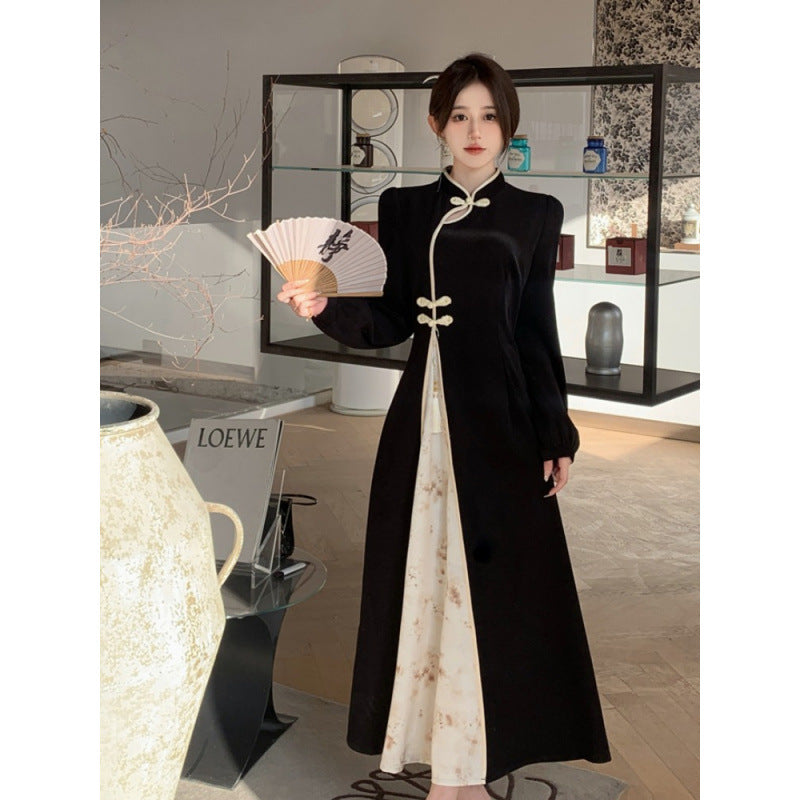 Spring and Autumn New Chinese Style Retro Improved Cheongsam Skirt Women's Large Size Fat Mm Skinny Long Sleeve High Waist Dress