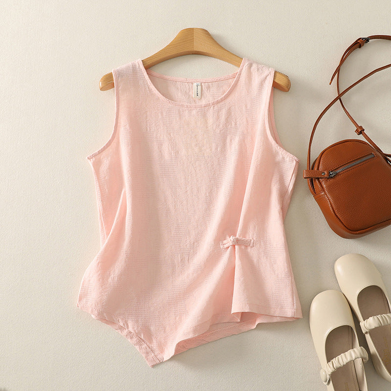 Real shot 2025 summer new literary loose button solid color round neck sleeveless T-shirt women's vest top #6184