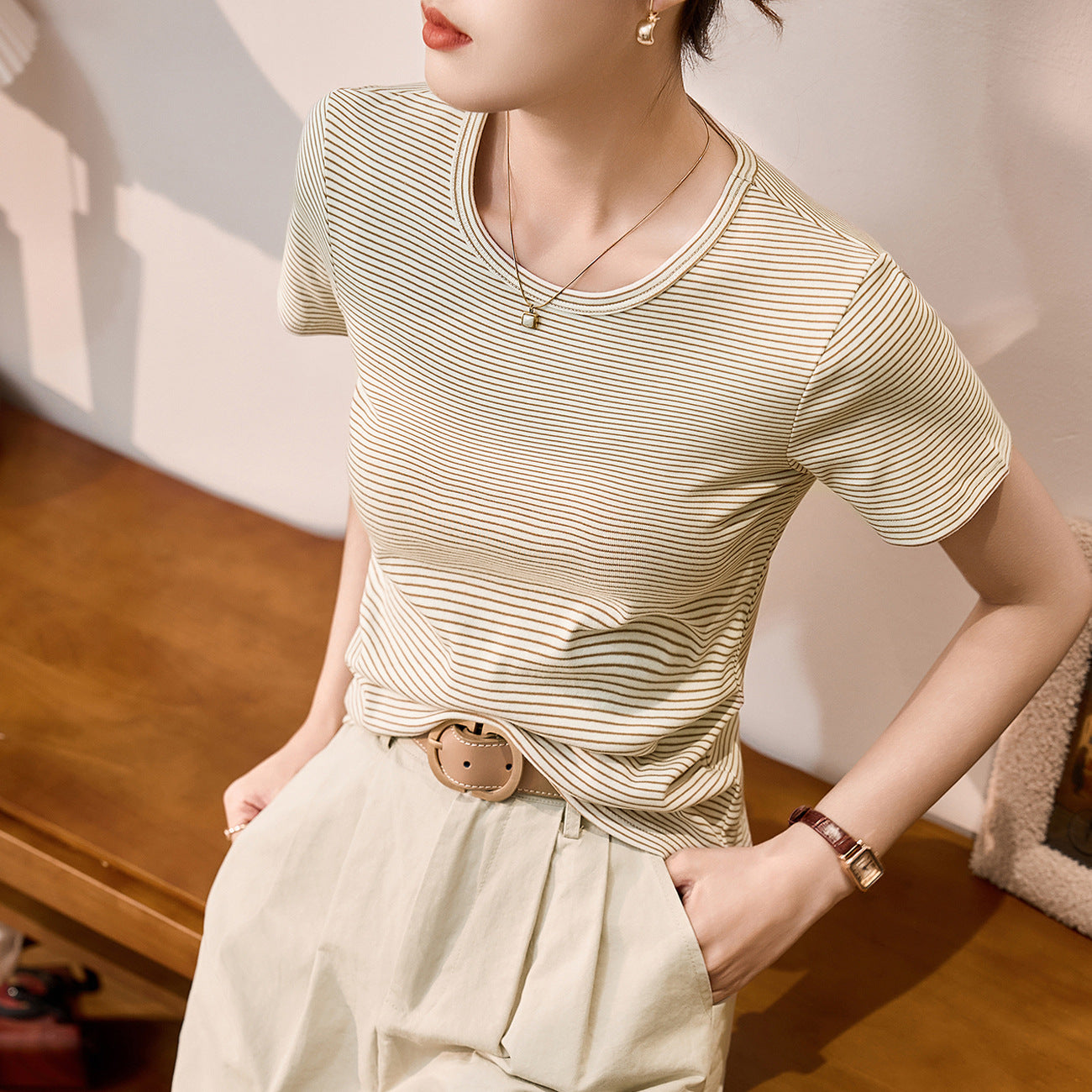 #Combed pure cotton #striped t-shirt women's short sleeve 2026 summer new slim and thin casual versatile crew neck top