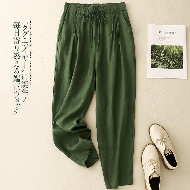 Real shot 2025 spring new casual loose solid color cotton and linen elastic waist Harlan pants women's nine-point pants #9037