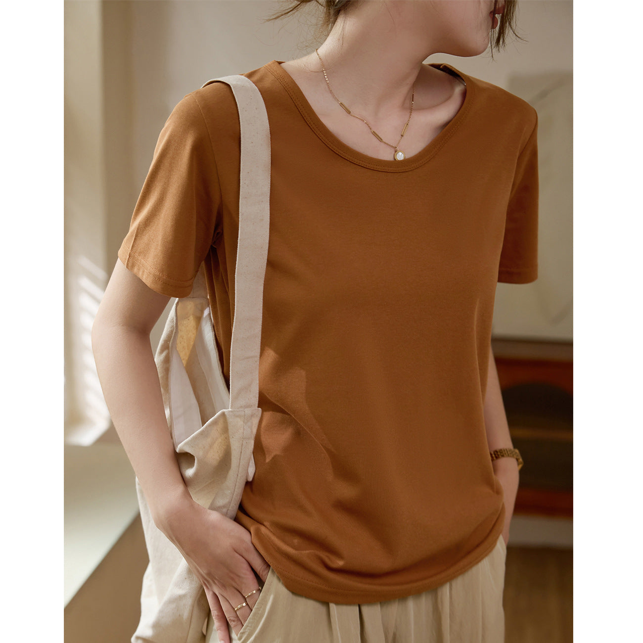 [Selection of pure cotton] Large round neck T-shirt women's summer wear 2026 new short-sleeved loose straight versatile bottoming top