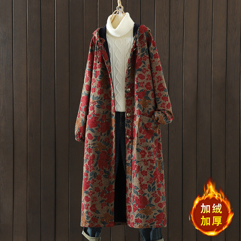 Mom's cotton-padded clothes are piled and thickened. In the autumn and winter of 2025, the new long loose belly-covering printed hooded cotton jacket.