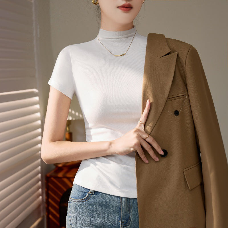 Korean version of dopamine wear, shoulder ice silk short-sleeved T-shirt, women's semi-turtleneck, summer thread slimming base shirt top