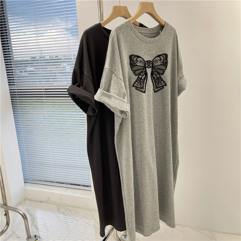 Dress women's summer 2025 new casual t-shirt skirt lazy wind fat m loose large size medium and long printed skirt women