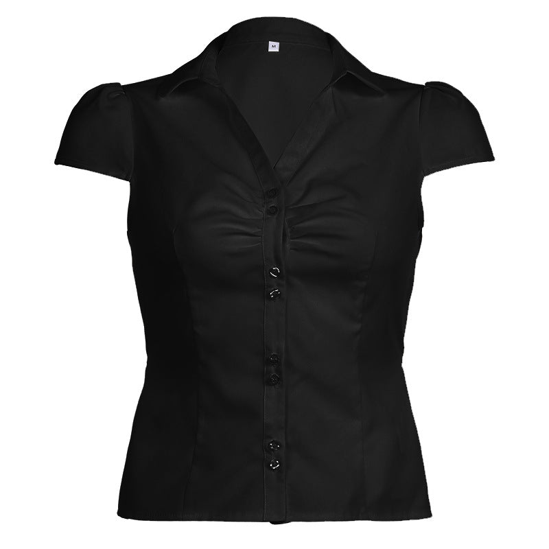 American girly temperament organ pleated solid color POLO neck short-sleeved shirt waist short breasted button-up top