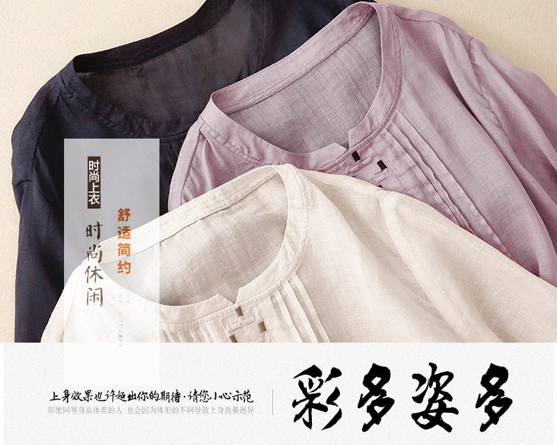 Real shot 2025 new literary and retro age-reducing round neck pleated thin cotton and linen embroidered shirt top women