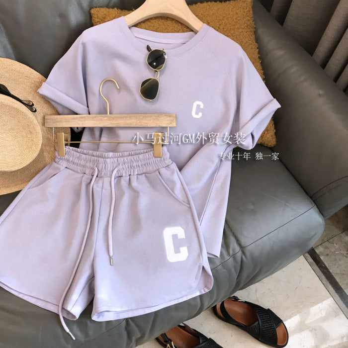 Horn sleeves casual sports suit women's clothing summer thin summer clothing running fashion foreign style short-sleeved shorts two-piece set