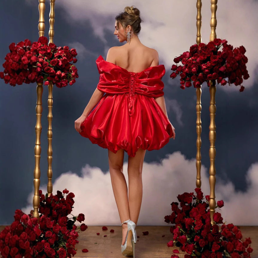 New Amazon cross-border European and American women's clothing high-end fluffy hem dress, temperament V-neck tight short dress