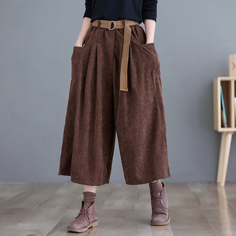 Real shot 2025 spring new corduroy culottes elastic waist belt loose and thin seven-point wide-leg pants women