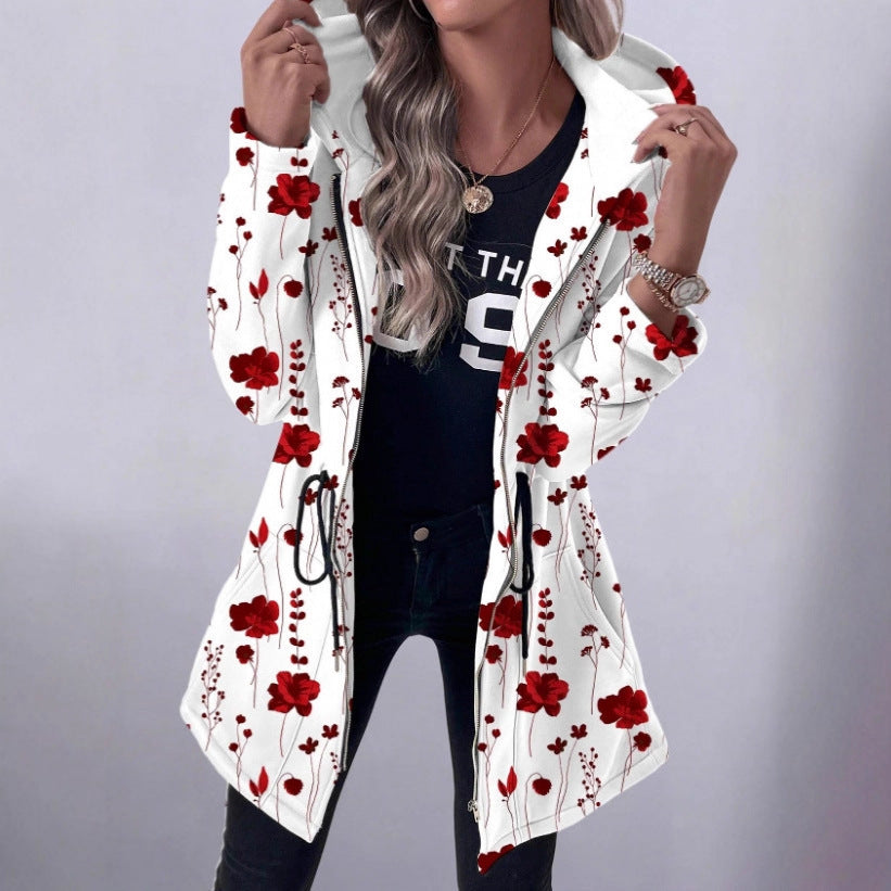 2025 European and American cross-border women's clothing medium and long zipper sweater printed hooded long-sleeved jacket Japan and Korea leisure