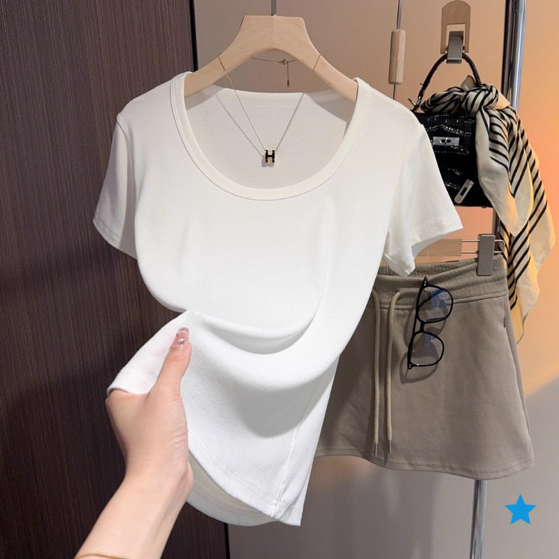 apricot u-neck short-sleeved t-shirt women's summer new Korean version versatile tight shirt with bottoming shirt and slim top
