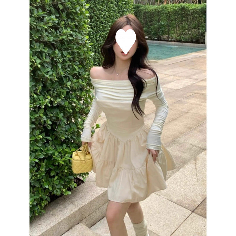 Pure desire Spice Girl one-word shoulder long-sleeved dress women's autumn high-end temperament tutu skirt waist small short skirt